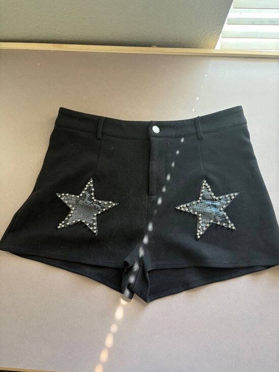 Unknown Pants - Black High-Waisted Shorts W/ Star Appliques & Stud Details